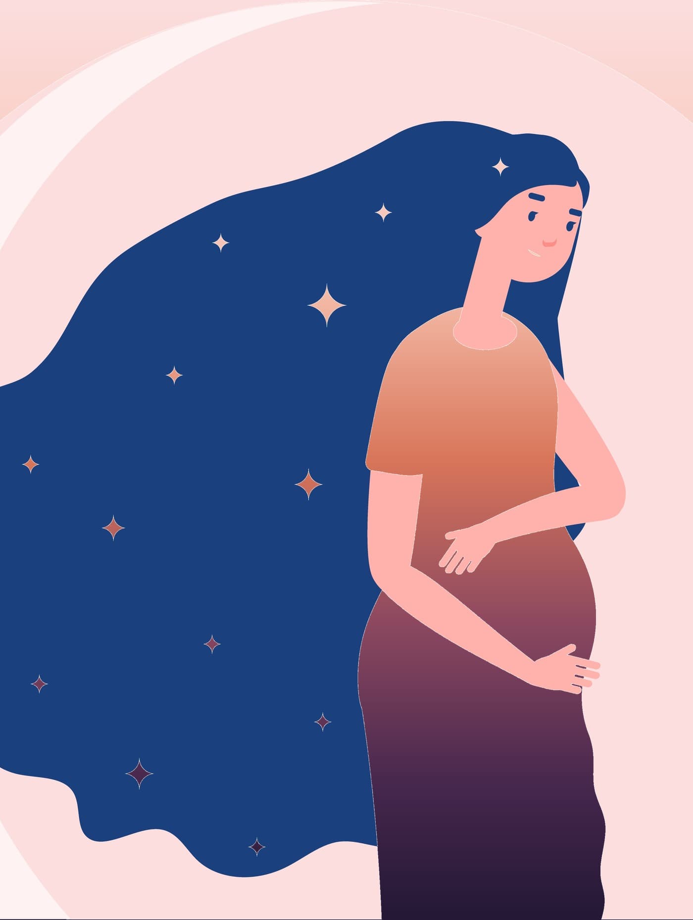 An illustration of two protective hands cupped around a pregnant woman with a starry night sky in her hair.